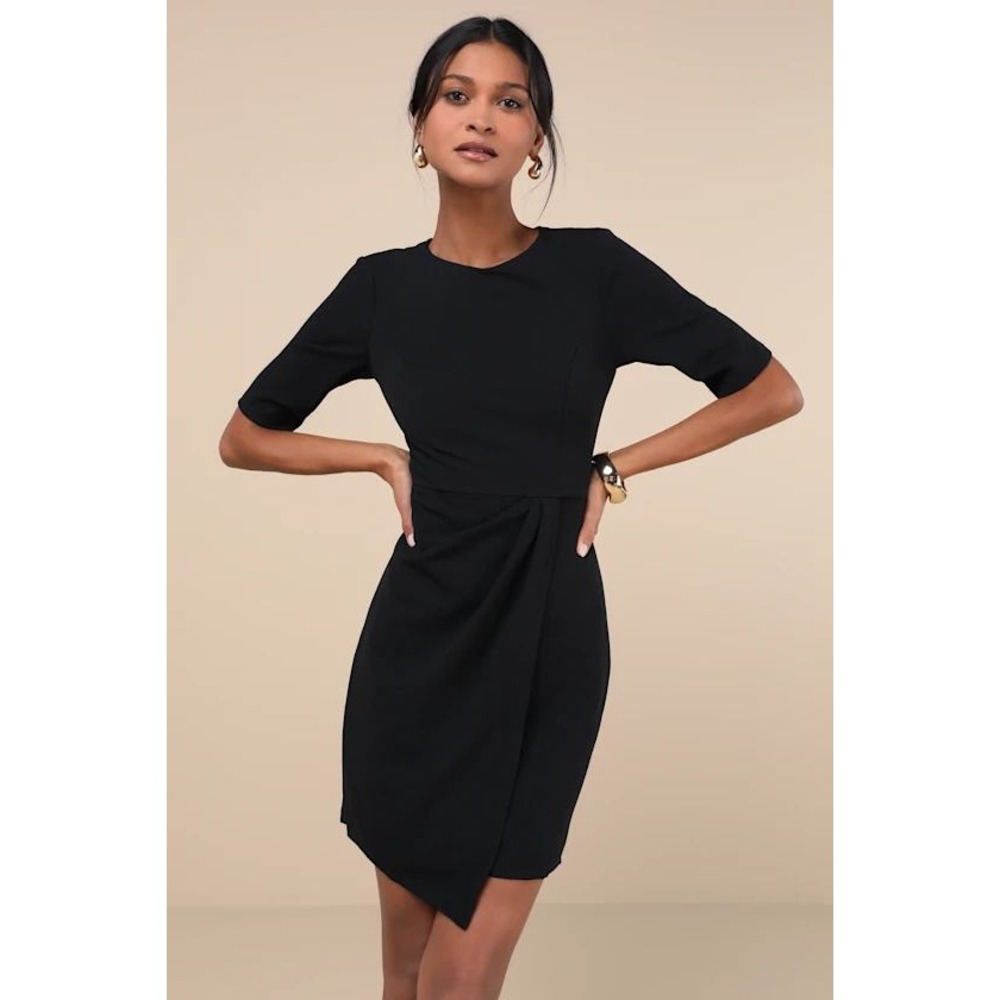 Lulus Westwood Black Half Sleeve Sheath Dress Bodycon Mini Pleated Solid Medium